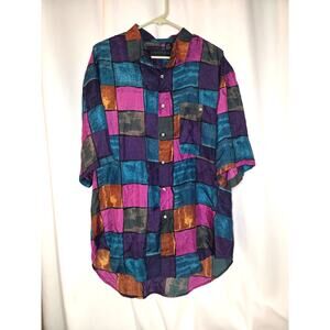 VTG Santana 100% Silk Geometric Patchwork Jewel Tone Grandpacore Colorblock 90s
